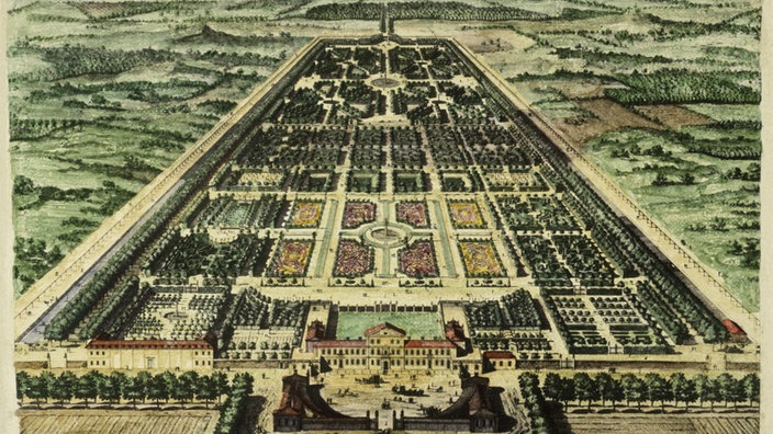 Ein historischer Stich zeigt die barocke Gartenanlage von Schloss Herrenhausen.