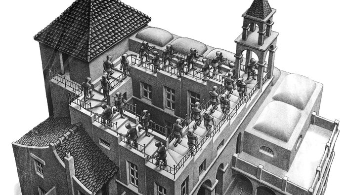 Grafik "Aufsteigend und Absteigend" von Maurits Cornelis Escher: gezeichnete Menschen laufen treppauf und treppab