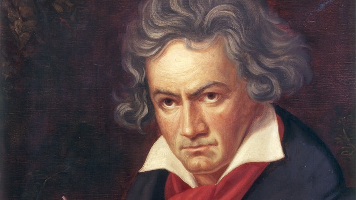 Ein Ölgemälde zeigt den älteren Beethoven beim Komponieren.