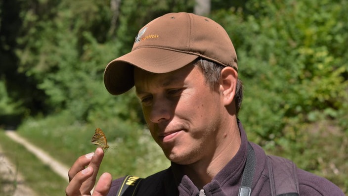 Ein Mann mit grauer Fließjacke und brauner Baseball-Kappe betrachtet einen Schmetterling, der auf seinem Finger sitzt.