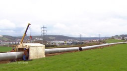 Auf einer Wiese liegen große Wasserrohre, bereit für die Verlegung im Boden.